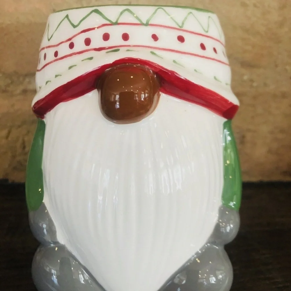 Pottery Barn Christmas GNOME Shaped Mug Green Sweater Scarf Ceramic 12oz NEW